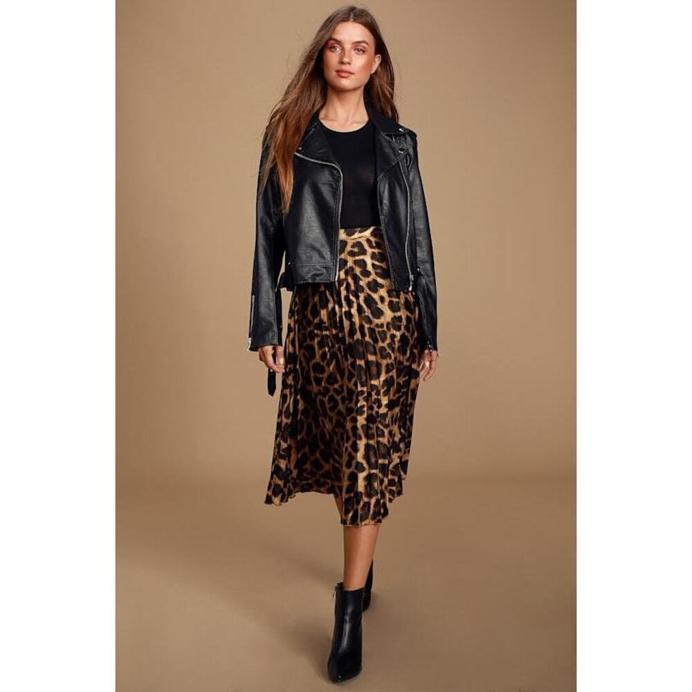 Lulus Tasteful Living Leopard Print Satin Pleated Midi Skirt Brown - Size S